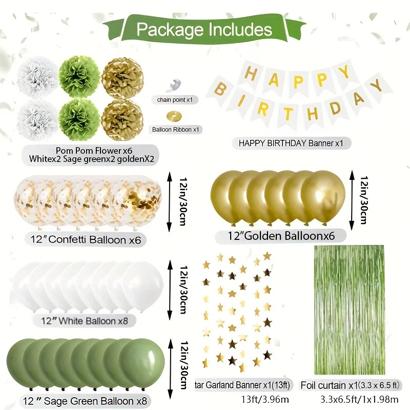 45pcs Sage Green Birthday Party Decoration Olive Green and Gold Balloon Green Neutral Decoration White Happy Birthday Banner