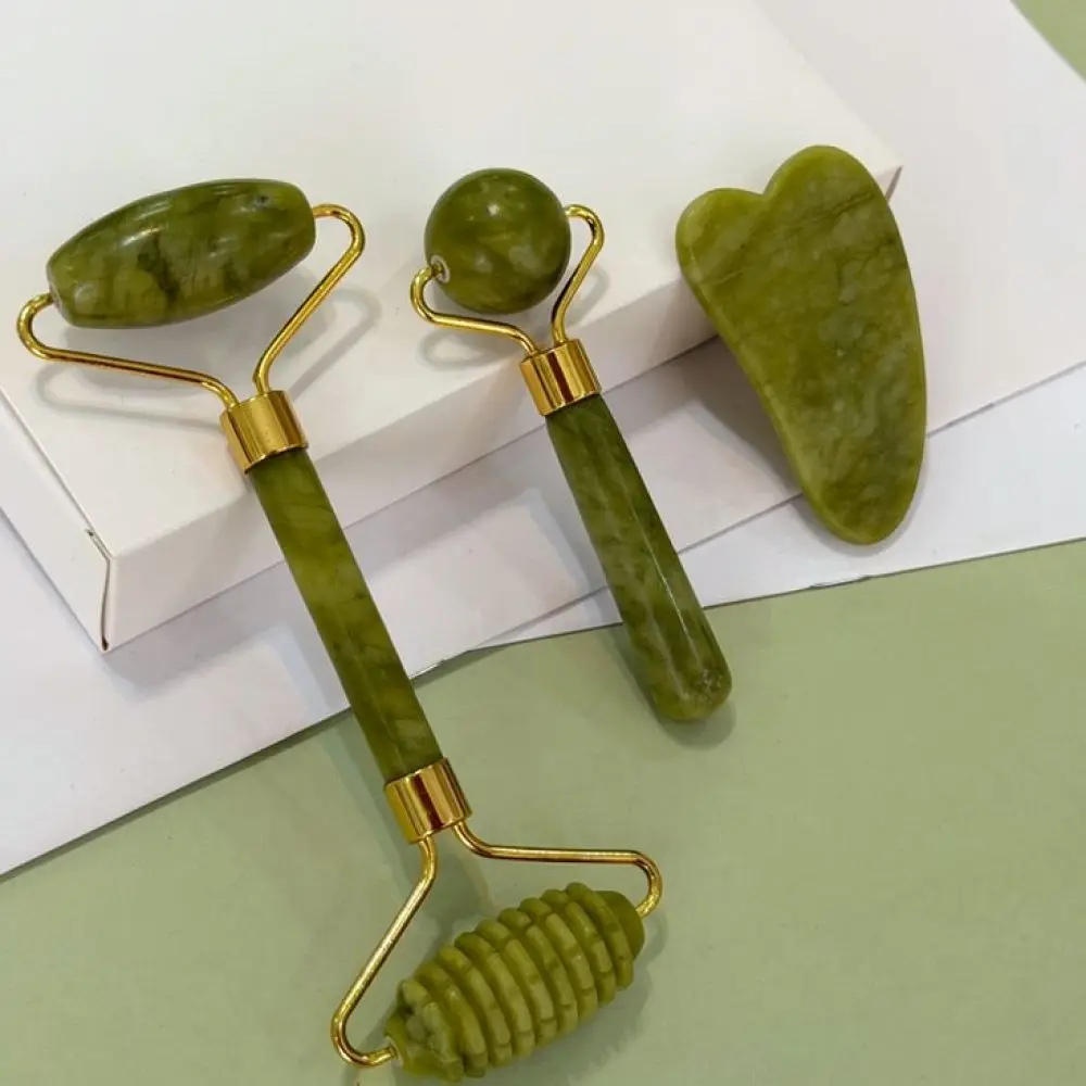 Natural Green Xiu Jade Roller Massage Set Guasha Board Skin Tightening Beauty Tool For Face Body Relaxation Therapy