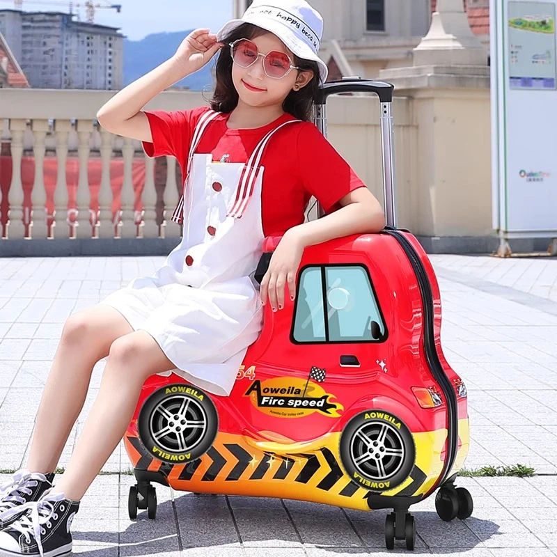 20 Inch Cute Cartoon Red Car Suitcase for Children Can Sit and Ride Carry on Kids Luggage Baby Trolley Case Boarding Cabin