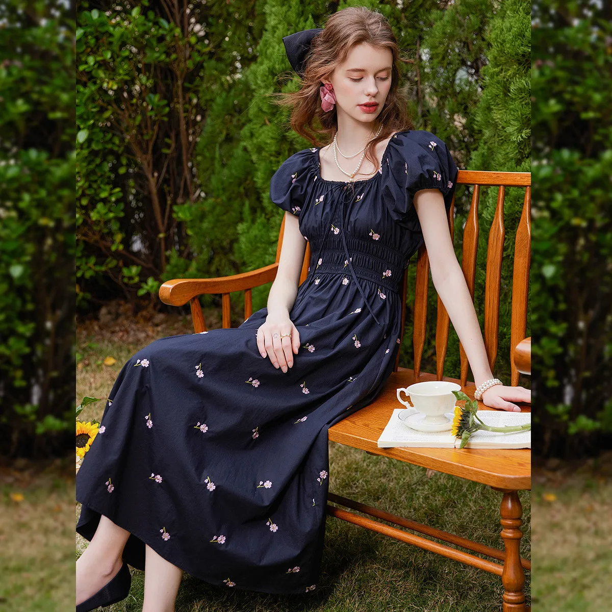 LOUIS YAO 2025 Summer Simple Square Neck Style Fashionable Non Elastic Cotton Embroidered Slimming Long Women's Dress