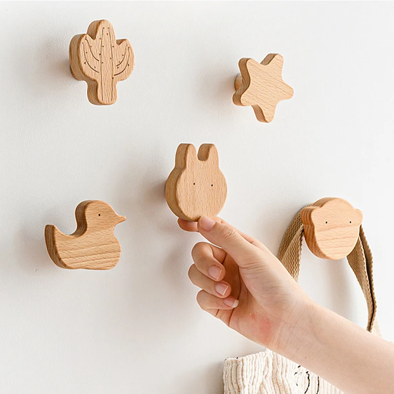 New Animal Solid Wood Hook Beech Hanging Hanger Bathroom Wall Hook Bedroom Coat Storage Rack Home Towel Key Decoration Hook