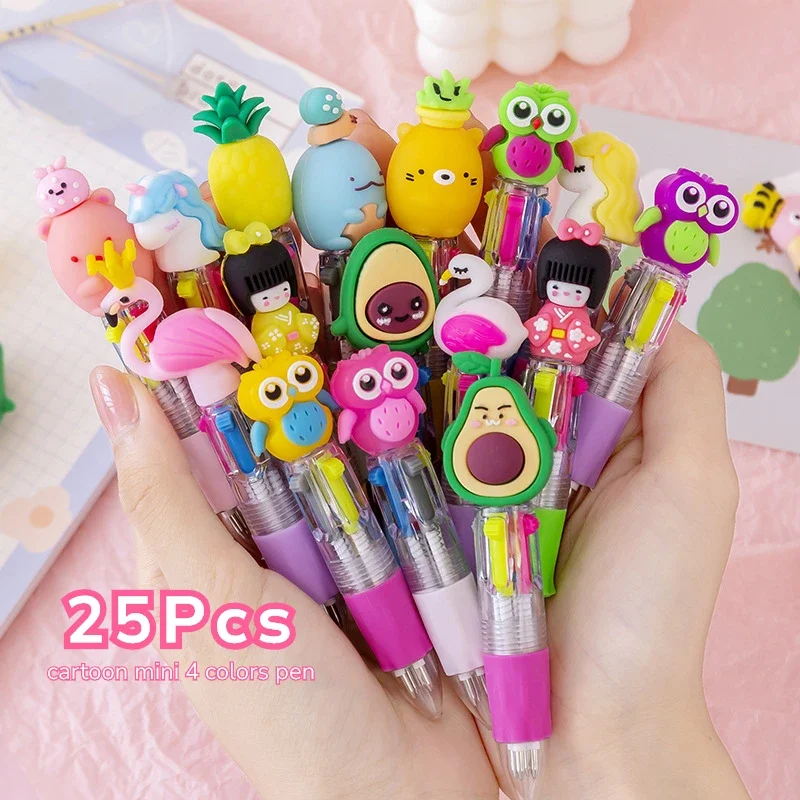 25Pcs/Lot Kawaii Mini 4 Colors Ballpoint Pen Cartoon Bear Unicorn Animal Multicolor Cute Pens Stationery School Office Supplies