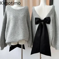 Kimotimo Sexy Backless Bow Sweater Women Autumn Winter Lazy Loose Long Sleeve Knitted Pullover Fashion Design Sweet Top Jumper