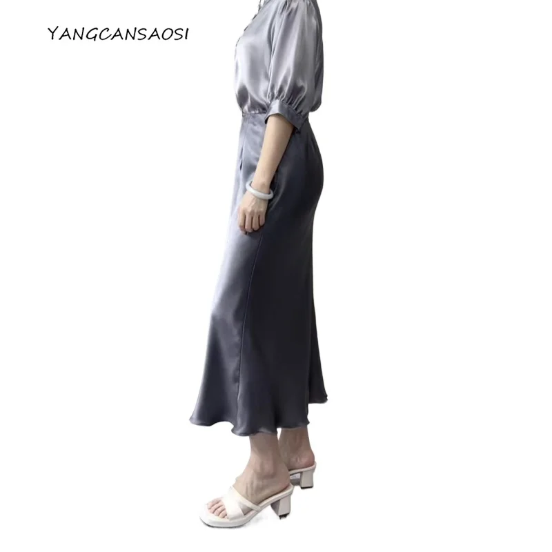 

2025 Women's Summer New 100% Natural Mulberry Silk Pearl Satin Dark Grey Elegant Diagonal Cut Wrapped Hip Fishtail Skirt