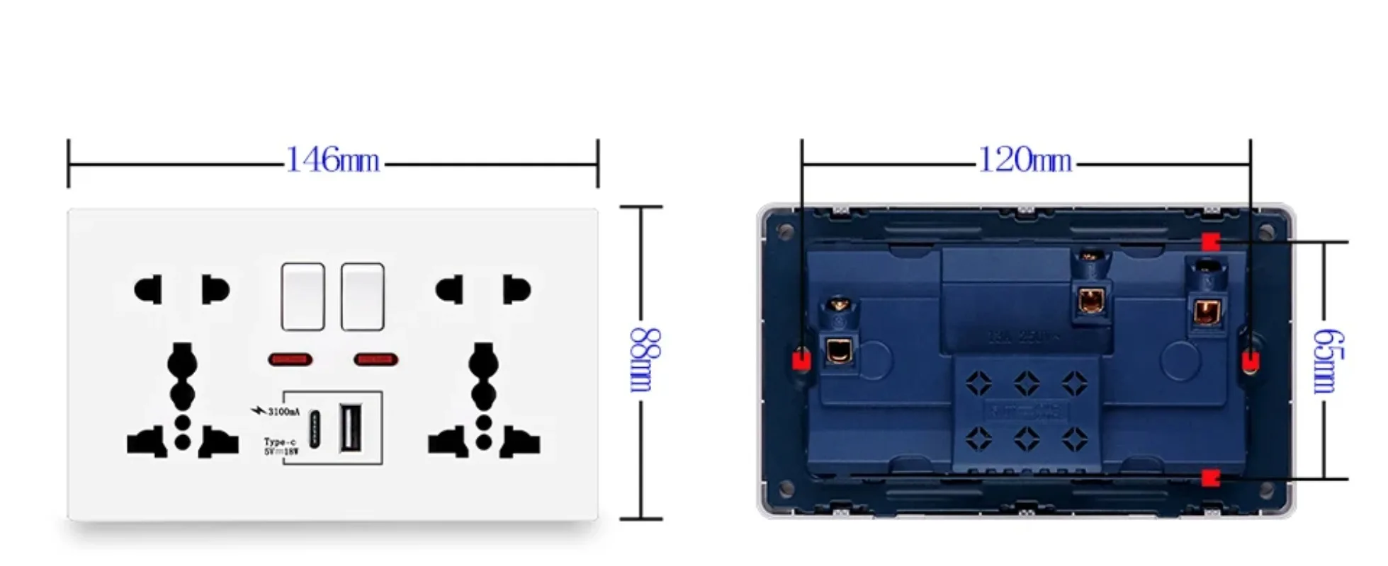 UK Standard USB Interface Socket，Wall Quick Charge Socket, 18W Type-C Ports, Dual Switch Control Universal Power Outlet