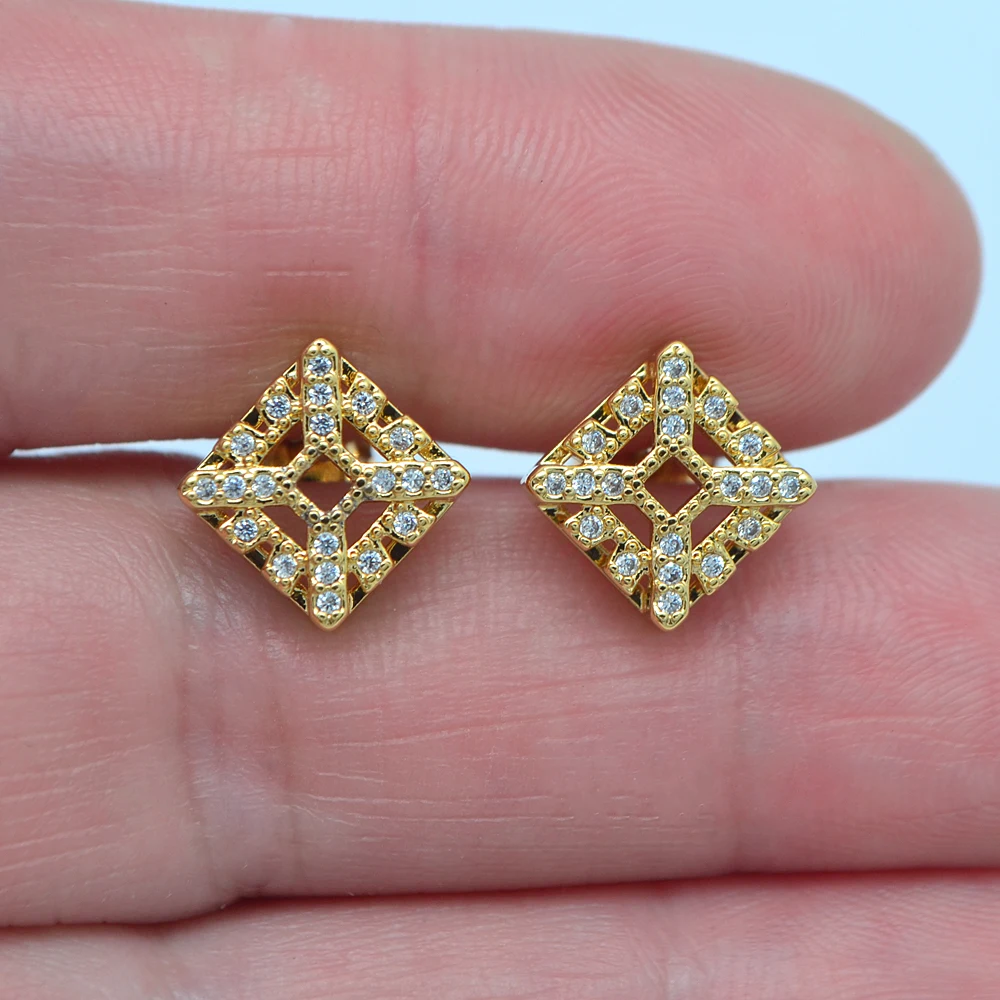 Fashion Gold Color Women Clear Cubic Zirconia CZ Exquisite Hollow Lozenge Stud Earrings Jewelry