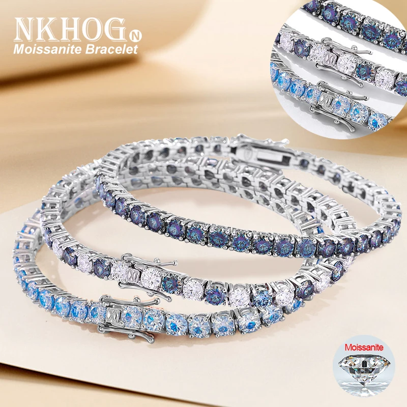 

NKHOG 3/4/5/6.5mm Colorful Blue Moissanite Tennis Bracelet 925 Sterling Silver Women 18K Gold Plated Party Gift Fine Jewelry GRA