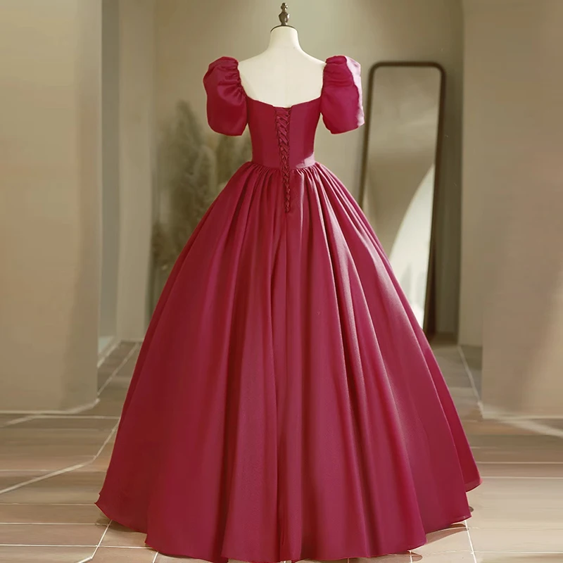 AnXin SH vintage princess wine red satin sweetheart short puff sleeves stage ball gown lace up party customized evening dress