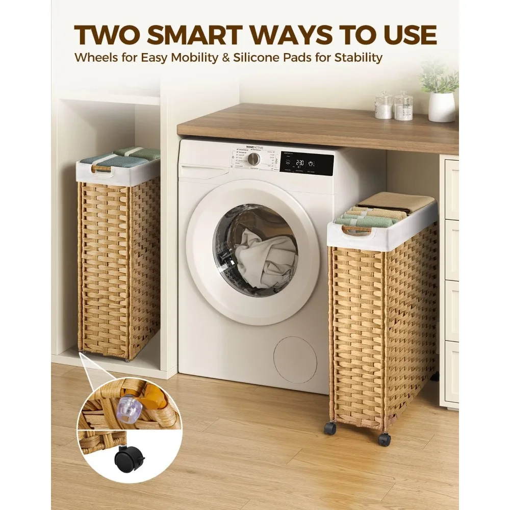 

Тонкая корзина для белья емкостью 17,4 галлона с колесами, 2 съемными вкладышами и сетчатыми сумками, узкая корзина из ротанга для спальни, ванной комнаты