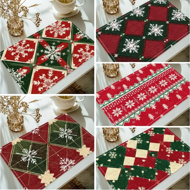 Rotes Weihnachts-Tischset mit Schneeflocken-Karomuster für Zuhause, Geschirr, Dekoration, rutschfeste, wärmeisolierende Leinen-Tischset, 4/6/8 Stück