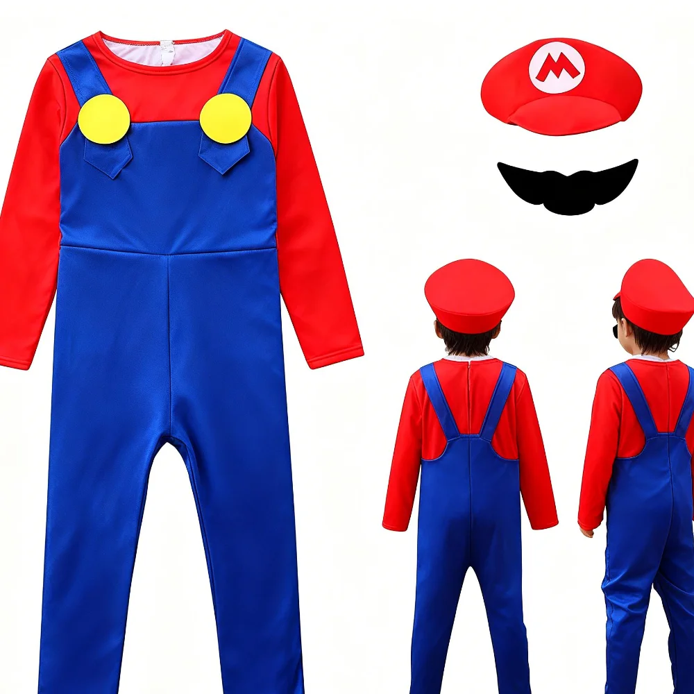 

Mario Super Luigi Brothers Cosplay Costume Set Kids Halloween Fancy Dress Party Uniform Outfit Jumpsuit With Hat Mustache Props