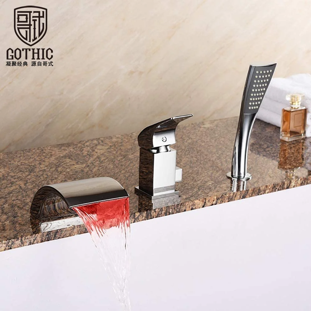 

Bathtub Faucet LED Waterfall Spout 3 pcs Taps Chrome Bathroom Shower Faucet Deck Mounted Split Body Hot And Cold Bath tub Mixer