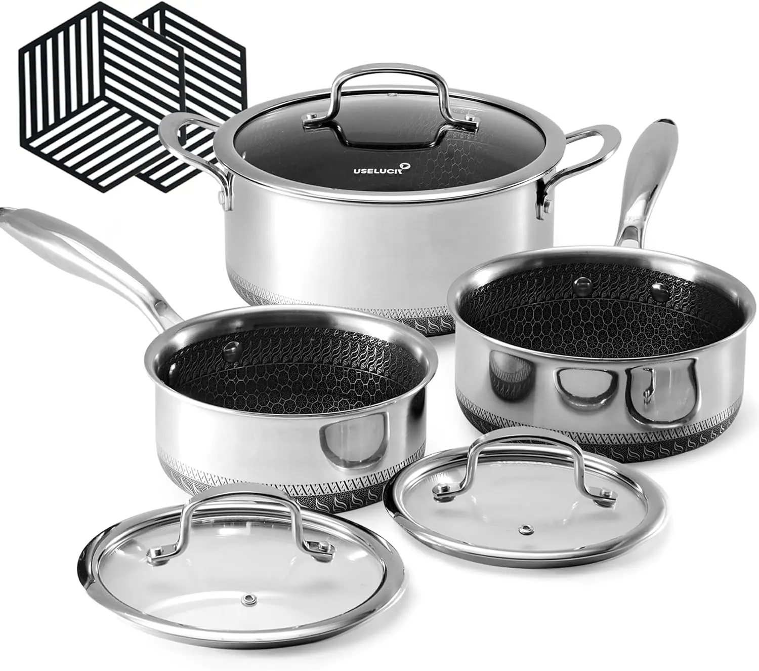 

Hybrid Nonstick 6-Piece Pot Set with 2 Silicone Trivets, 1.5 QT Sauce Pan, 2 and 5.2 QT Stock Pot with Glass Lids, Stay-Cool Han