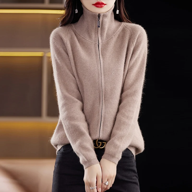 100% Pure Mink Cashmere Sweater Women\'s Stand Collar Thick Cardigan Autumn and Winter Warm Casual Knitted Large Size Zipper Tops