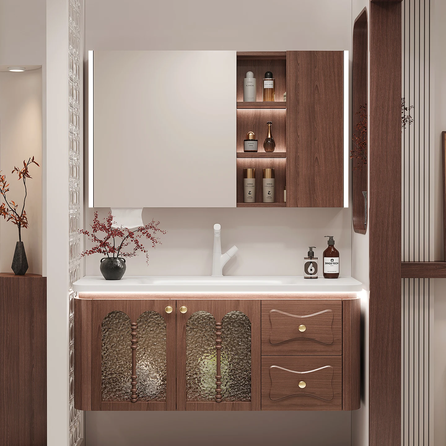 /Walnut Modern Waterproof Home Single Double Washroom Restroom Furniture Bathroom Cabinets With Sinks Bathroom Vanity