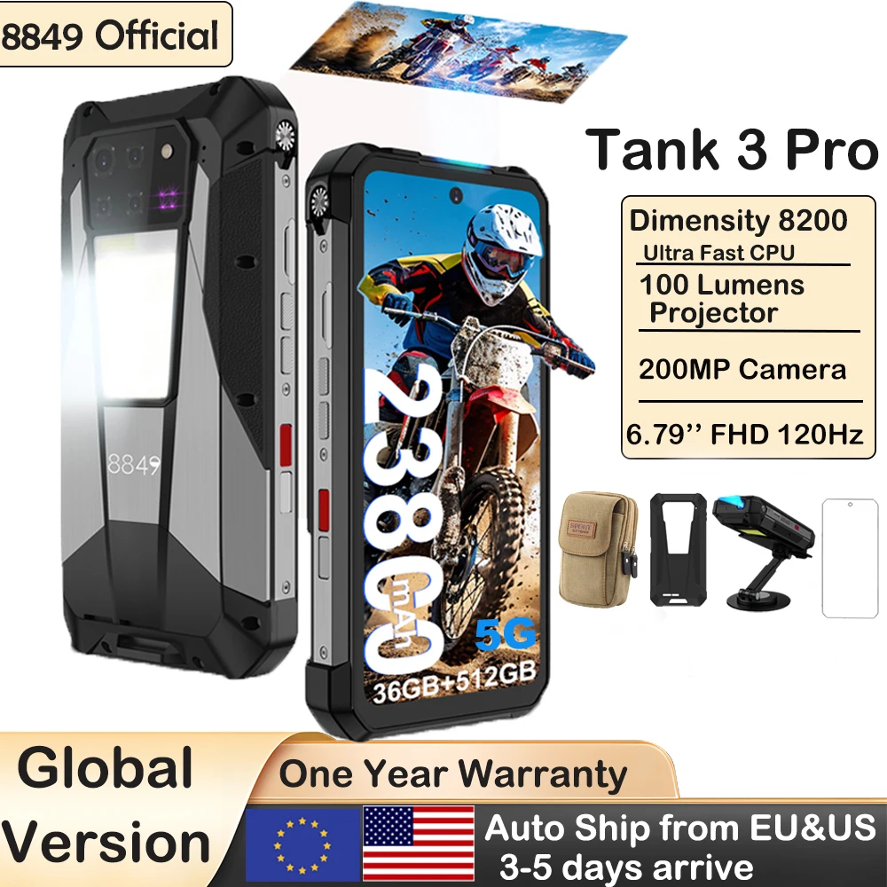 8849 tank 3 pro unihertz projetor robusto smartphone 23800mah 5g android14 telefone ao ar livre 512gb + 36gb 120w carregamento rápido duplo sim