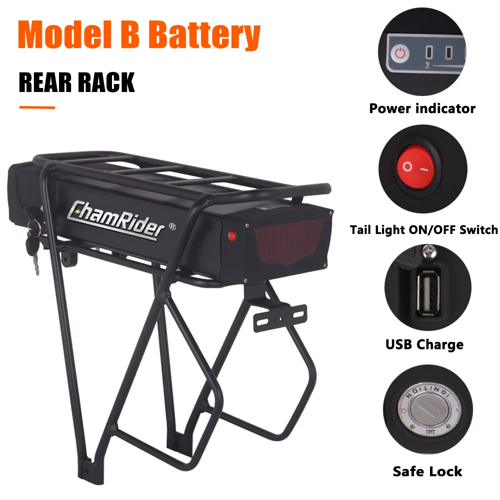 ChamRider 48V EBike batteria al litio modello B batteria portapacchi posteriore 50A BMS 52V batteria bici elettrica potente capacità 36V 21700 cella