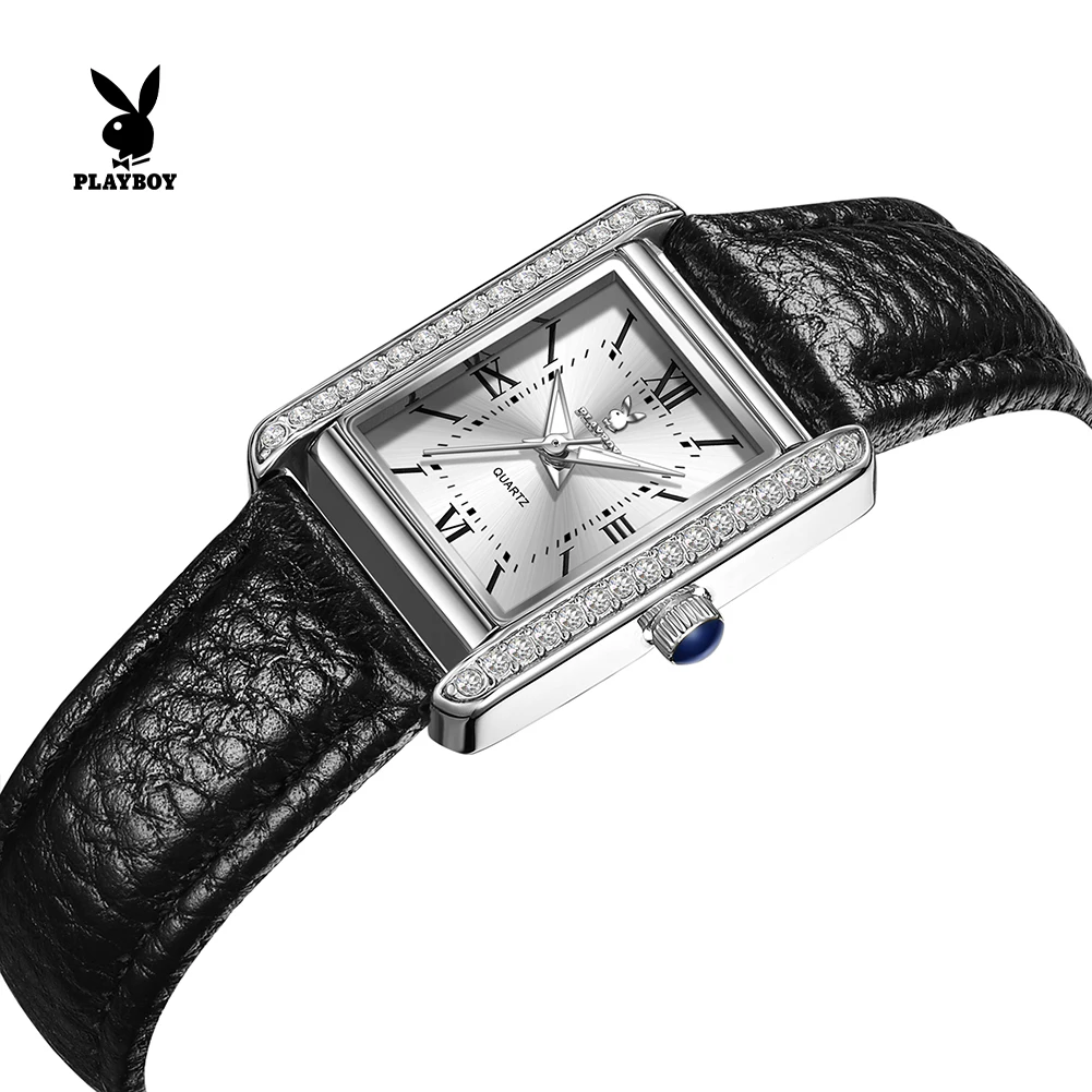 PLAYBOY 3552 Brand Original Authentic Watch for Woman Small Square Watch with Leather Strap, Exquisite Quartz Women's Watch