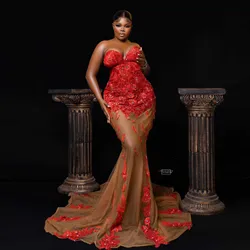 Gorgeous Red Lace Appliques Mermaid Evening Dresses Plus Size African Women Wedding Reception Dress Aso Ebi Formal Party Dresses