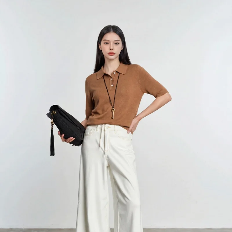 Birdtree, 100% Sheep Wool Blouse, Polo Neck Short Sleeve Knitted Top, Women Elegant Thin Solid Sweater, 2026 Autumn New T67610JF