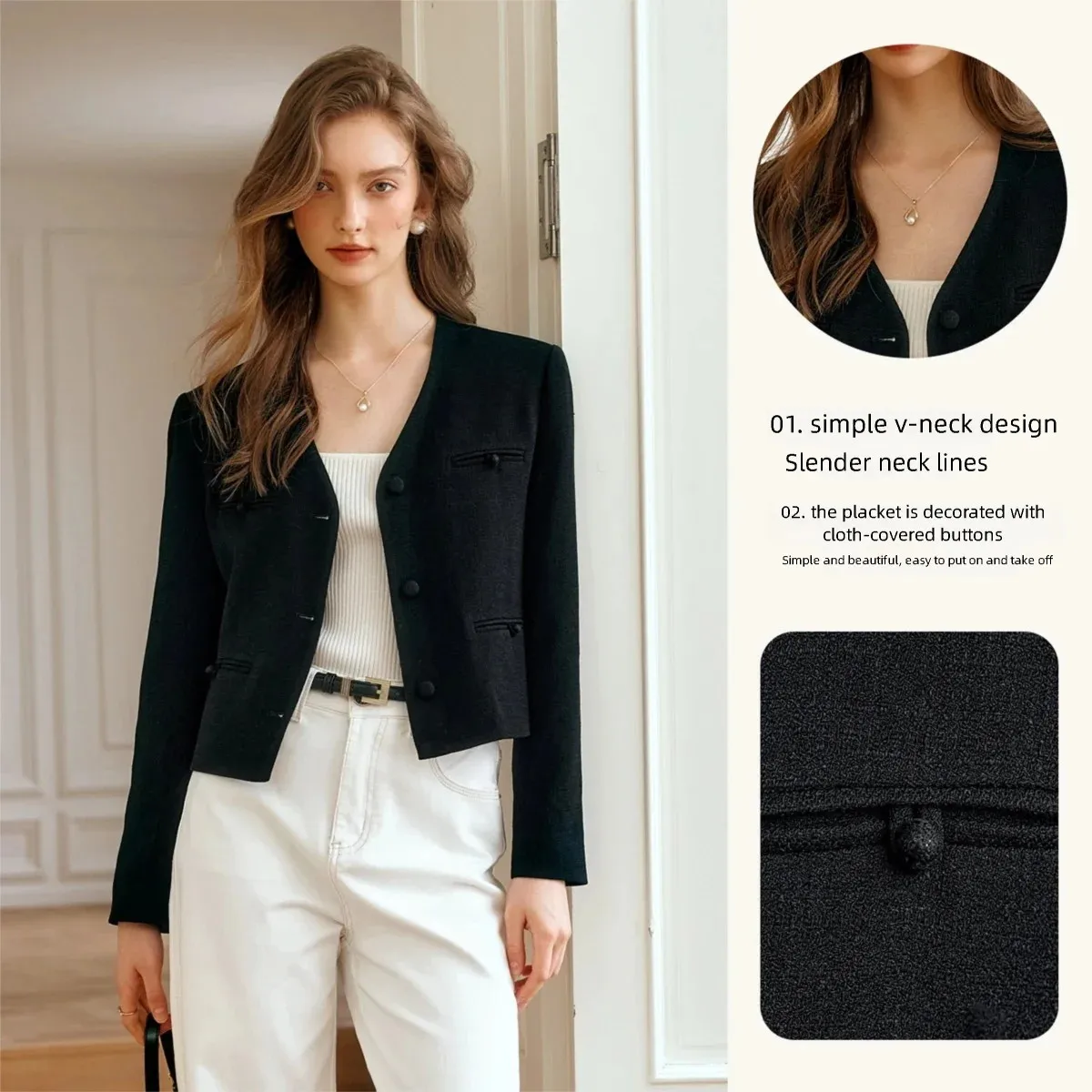 OLrain French Black Short Jacket Women's Early Autumn 2025 New Commuter V-Neck Tops Elegant Temperament Coats ladies MG56QW80266