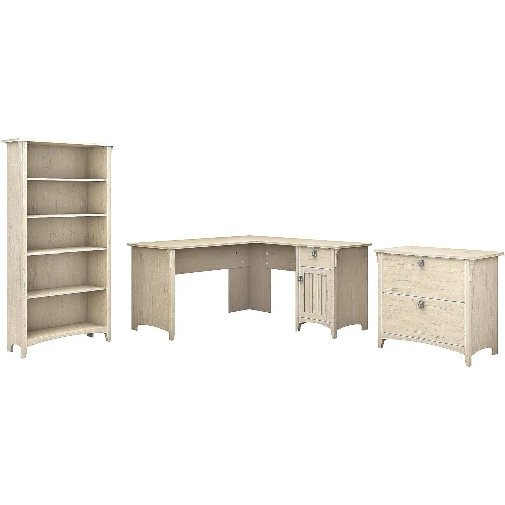 L Shaped Desk with Lateral File Cabinet and 5 Shelf Bookcase