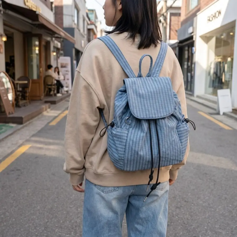 

Solid Color Drawstring Backpacks Canvas Korean Plaid Nylon Backpacks Light Weight Large Capacity Ruched Shoulder Bags Unisex