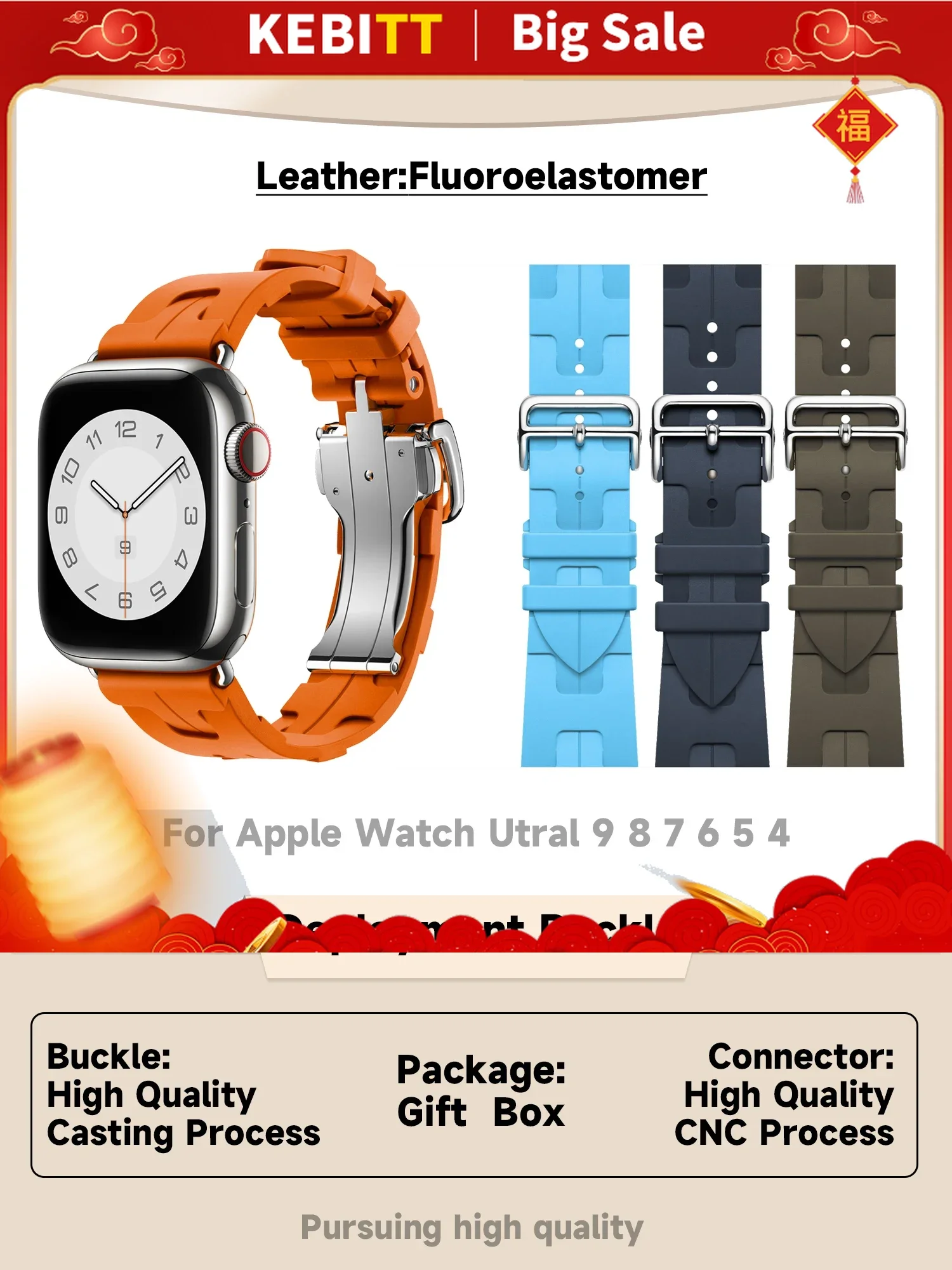 Kebitt Strap for Apple Watch Ultra2 Iwatch10 9 8 7 Kilim Fluororubber Deployment Buckle Summer Sport 49MM 46mm