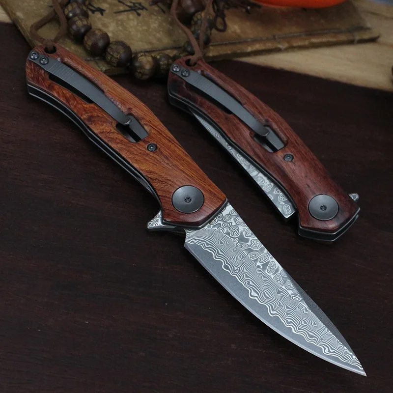 Luxury classic core layer Damascus folding knife High hardness outdoor survival knife Wooden handle portable folding knife