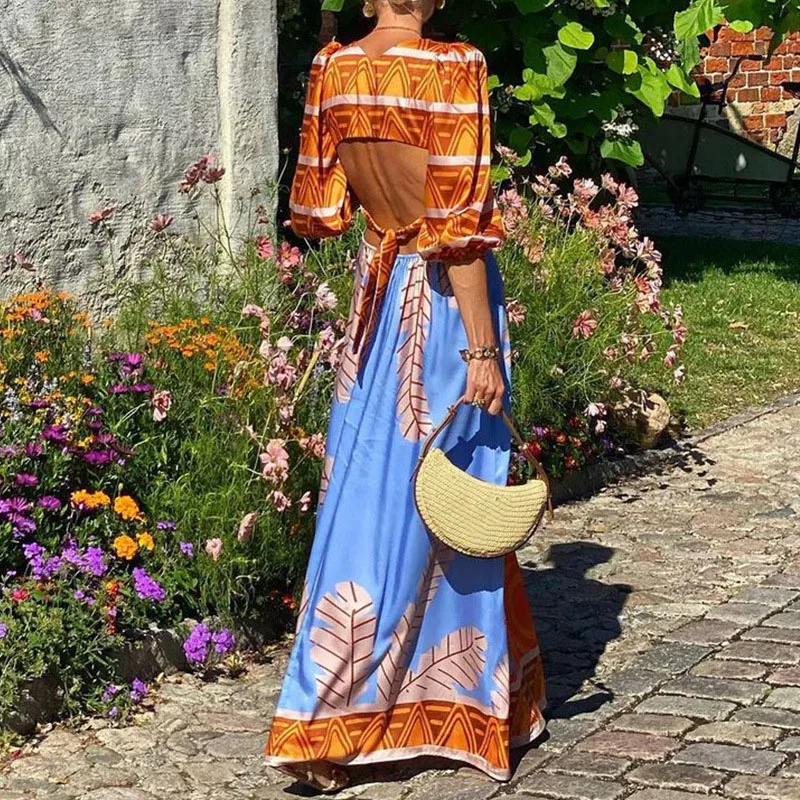 Women Fashion Pattern Print Pleated Maxi Dress New Summer Bohemian Long Sleeve Dress Elegant V Neck High Waisted Holiday Dress