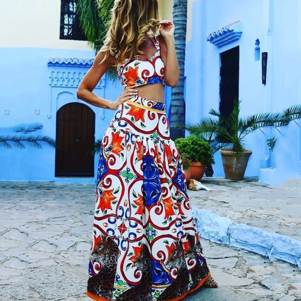Conjunto de dos piezas de falda con estampado de estilo bohemio para mujer, Top corto Sexy, faldas acampanadas de cintura alta, conjunto informal para vacaciones en la playa