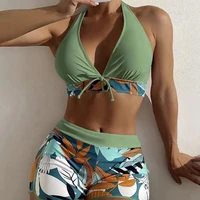 15 Colors Swimwear Women Two-Piece Suit Patchwork Halter Bikini Top With High Waisted Boxer Bottom College Sporty Surfing Suit - Image 5