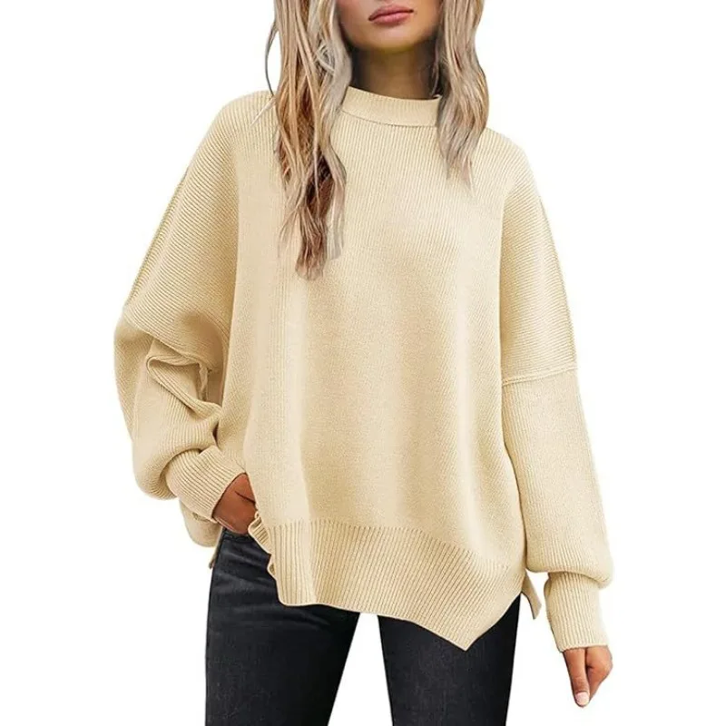 Sweter Rajut Garis-garis Modis Wanita Kasual Kerah O Lengan Kelelawar Longgar Belahan Samping Pullover Sweater Wanita Streetwear Musim Gugur Musim Dingin Terbaru