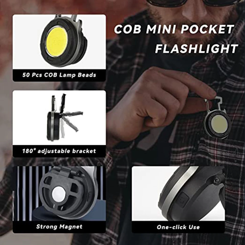 Poderoso LED Keychain Light, Chaveiros de carregamento tipo C, Luz para passeios noturnos