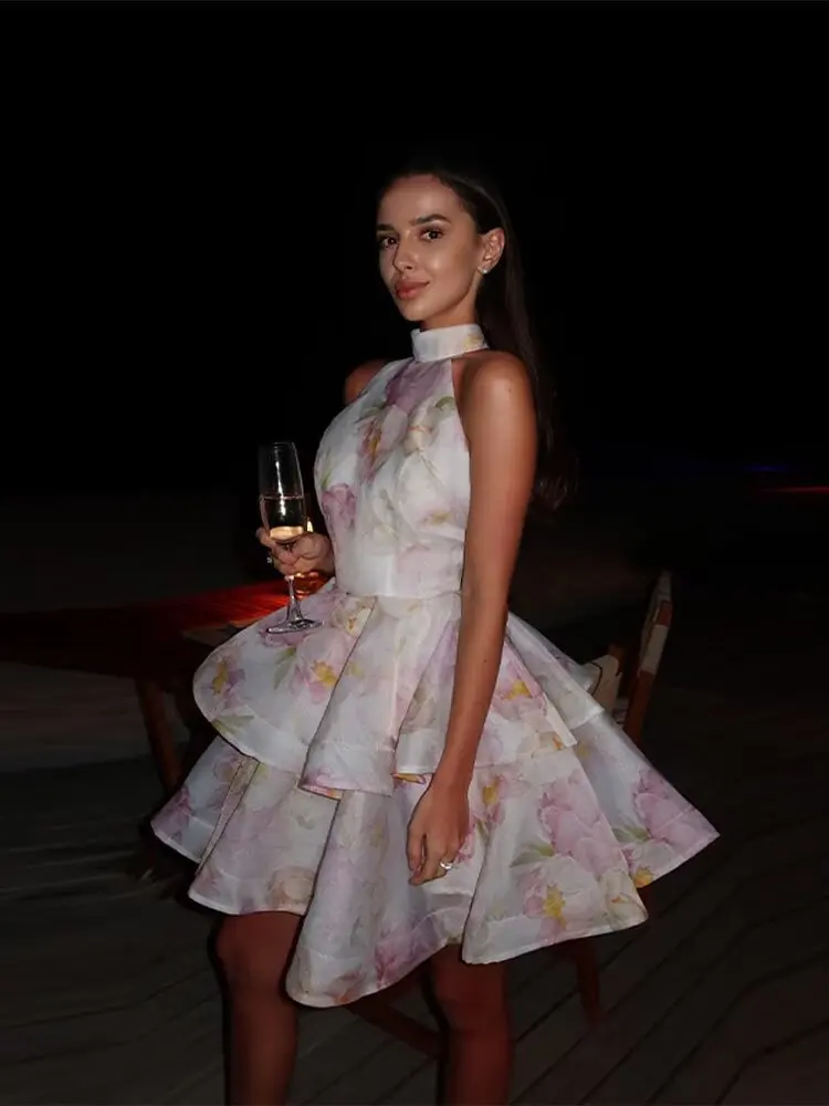 Francês floral chique com tiras mini vestidos femininos rosa impresso halter sem costas sem mangas em camadas verão férias festa senhoras vestido