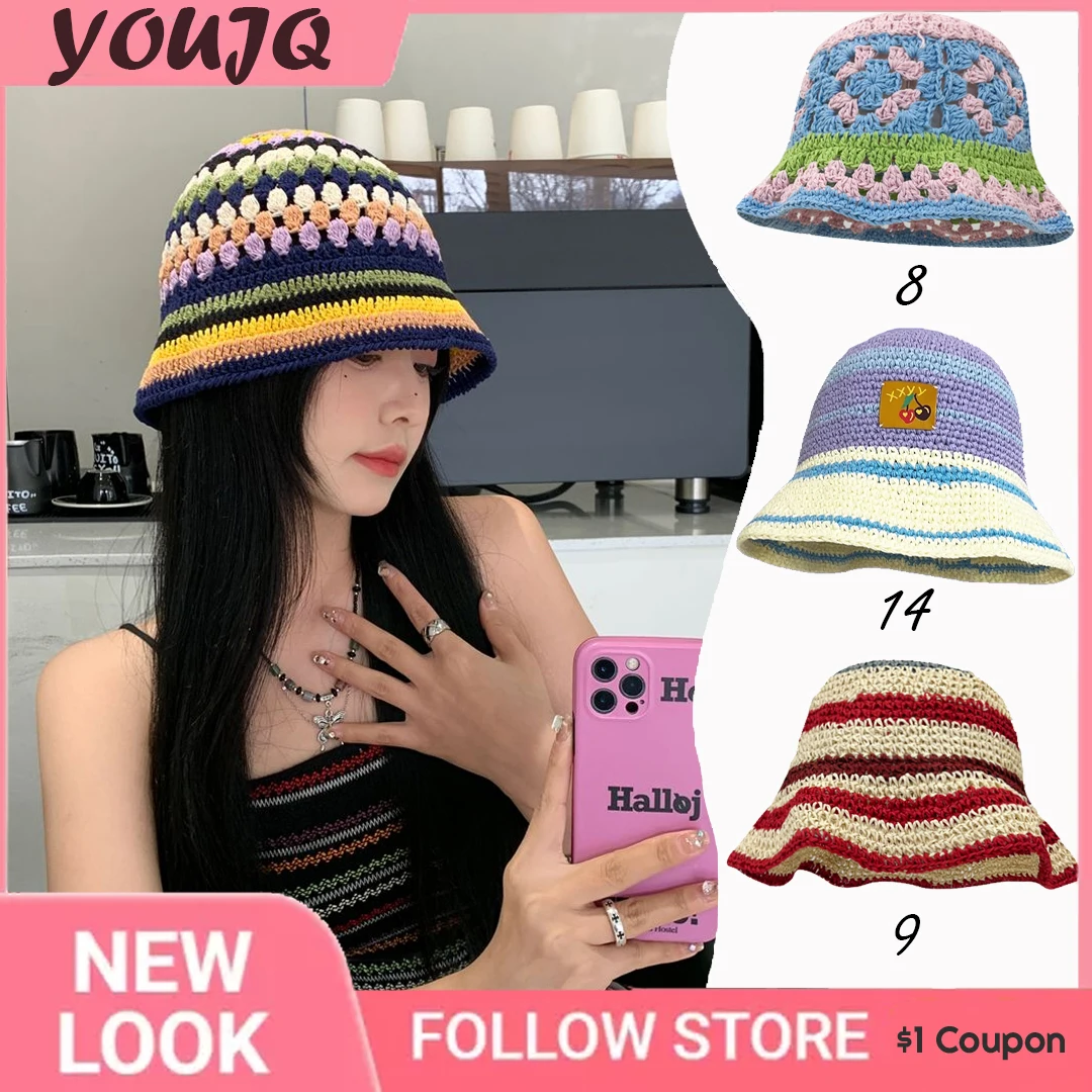 

INS Blogger Retro Hollow Cherry Handmade Knitted Flower Strip Fisherman Hats For Women Spring Summer Sweet Casual Bucket Bob Cap