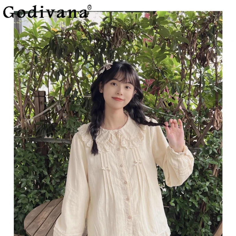 

Elegant Lolita Thickened Girl Long Sleeve Autumn Winter Bottom Shirt Sweet Doll Collar Fashion Versatile Loose Japanese Tops