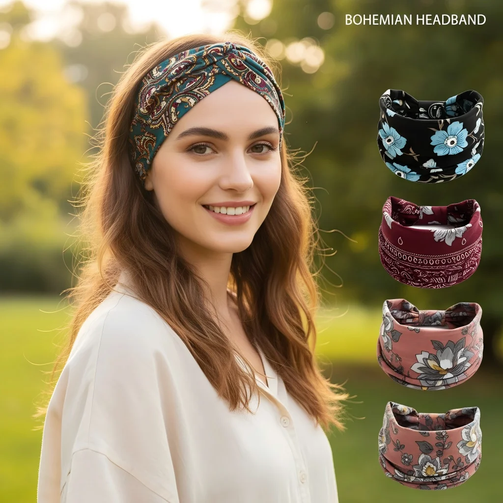 

Богемные широкие хлопковые эластичные повязки на голову, женские повязки на голову, тюрбан, головные уборы, повязки для волос, бандана, широкие повязки на голову, аксессуары для волос