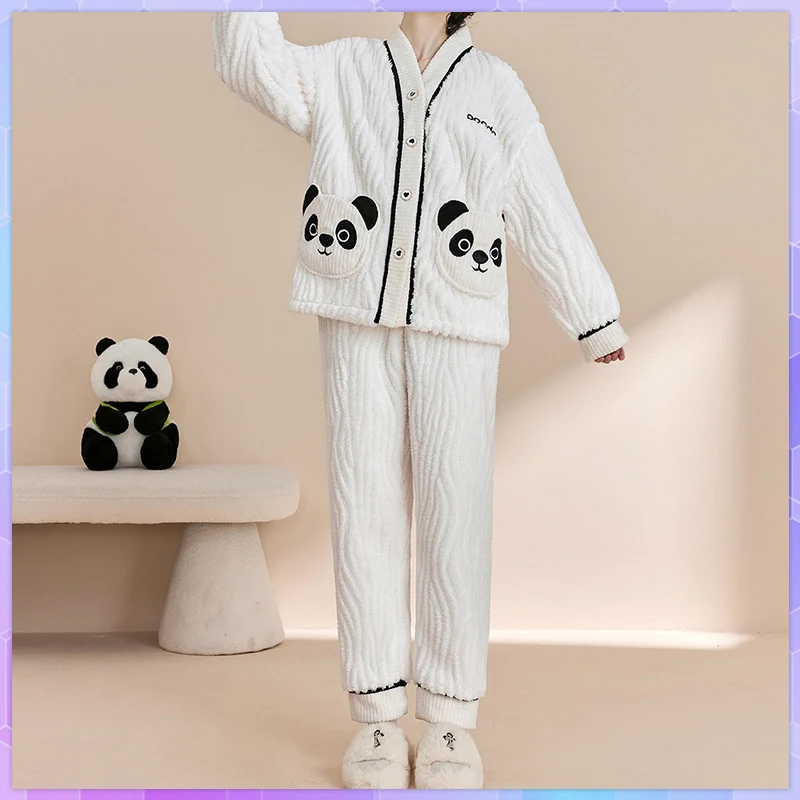 

Plus Size Coral Velvet Cute Female Women's Winter Pajamas Two-Piece Fall Long Sleeved Pajama Sets Warm Thickened Loose Homewear