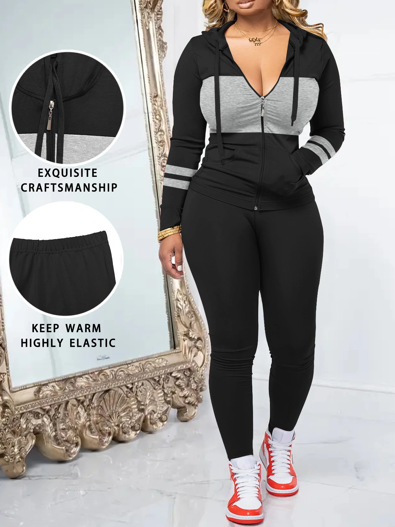 Women's Fashion Color Block Hooded Sporty Set | Classic Solid Color Grey Slim Fit Fitness Two-Piece Set | Zip-Up Sweater + High- - Image 3
