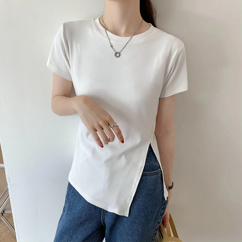

Minimalist Side Split Irregular Hem Skinny Basic Tshirt Women Screw Thread Short Sleeve Basics T-shirt Button Solid Color Tops
