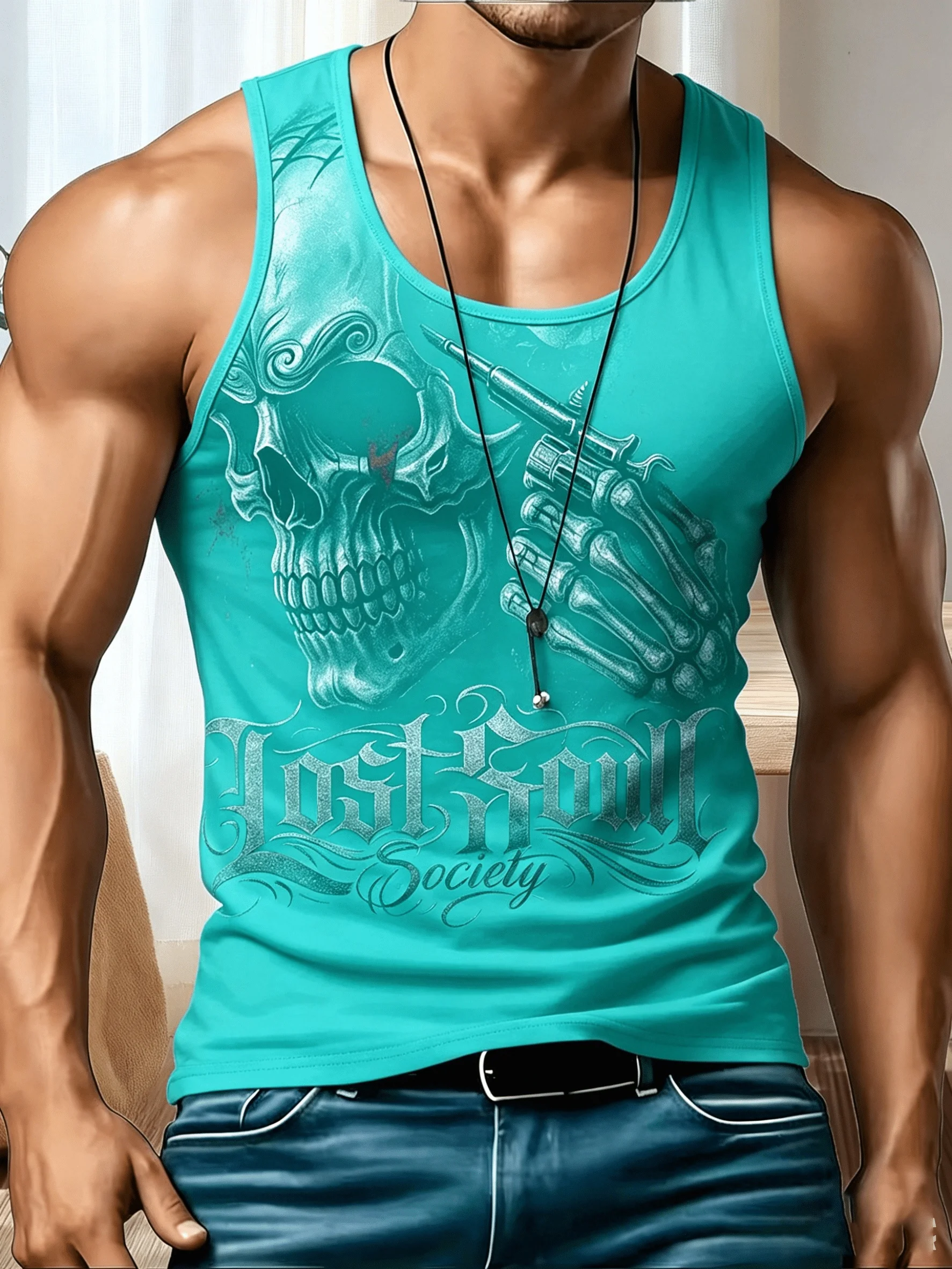 Men's Black Gothic Tank Top, Skull Skeleton Hand Gun Lost Soul Society Graphic Sleeveless Vest For Punk Street Casual Wear