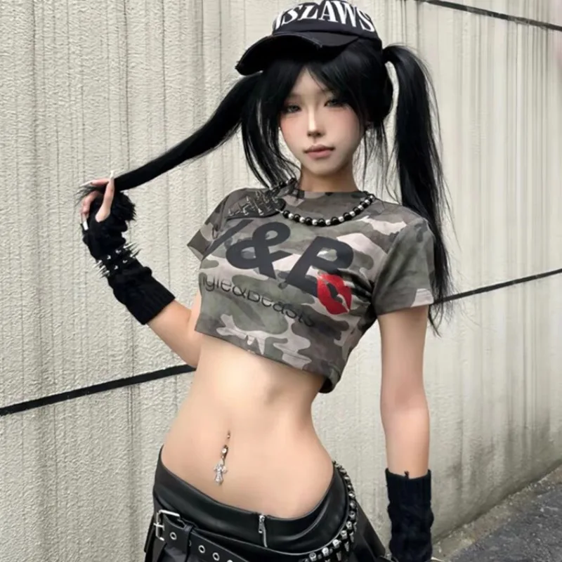 

American Retro Women Clothes Y2k Top Summer New Camouflage High Street Streetwear Super Short Sexy Spicy Girl Show Waist T Shirt
