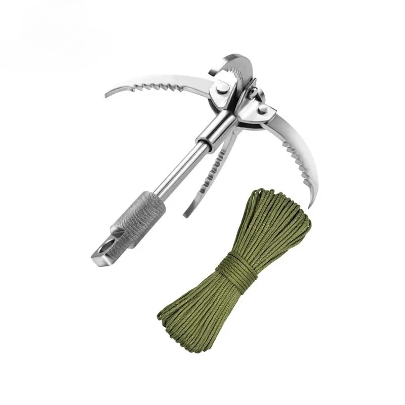 1 set Stainless Steel Grappling Hook, Foldable Survival Climbing Claw with 7.5m Suspension Line for Outdoor Rescue Climbing