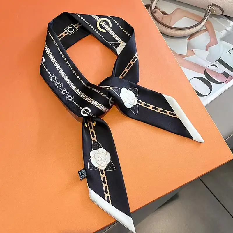 5*90cm French Elegant Black and White Tied Handle Bag Long Small Silk Scarf Women's Double-sided Twill Thin Ribbon Headband