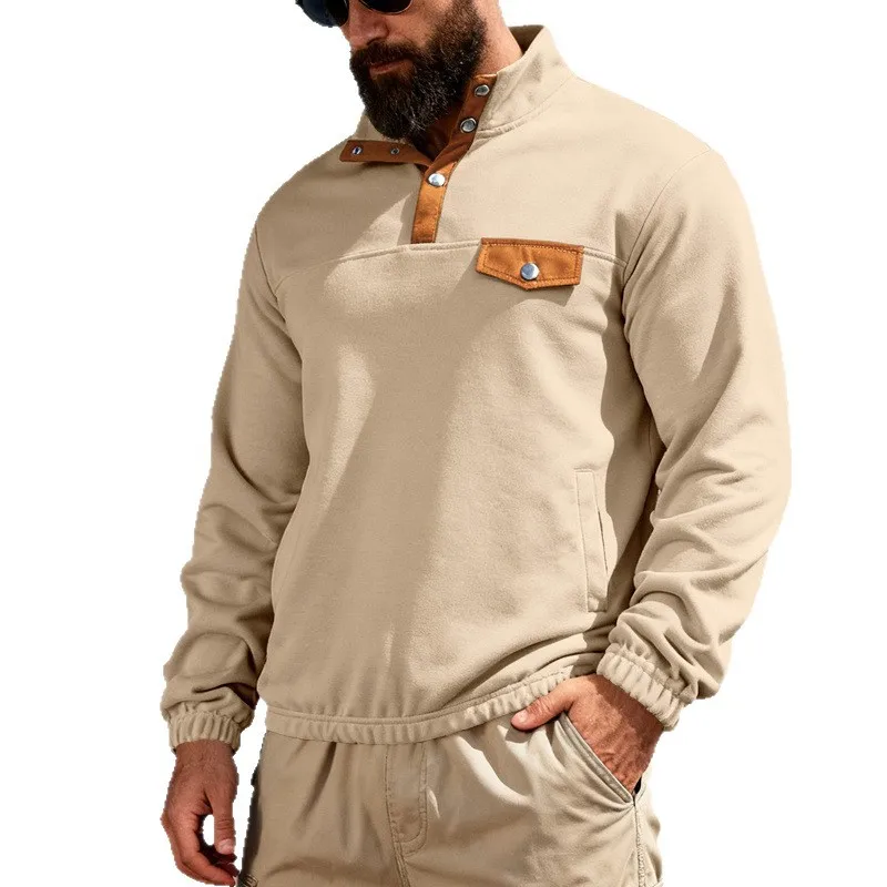 

Мужская повседневная толстовка с воротником-стойкой на полупуговицах, с контрастными вставками, длинными рукавами, пуловер