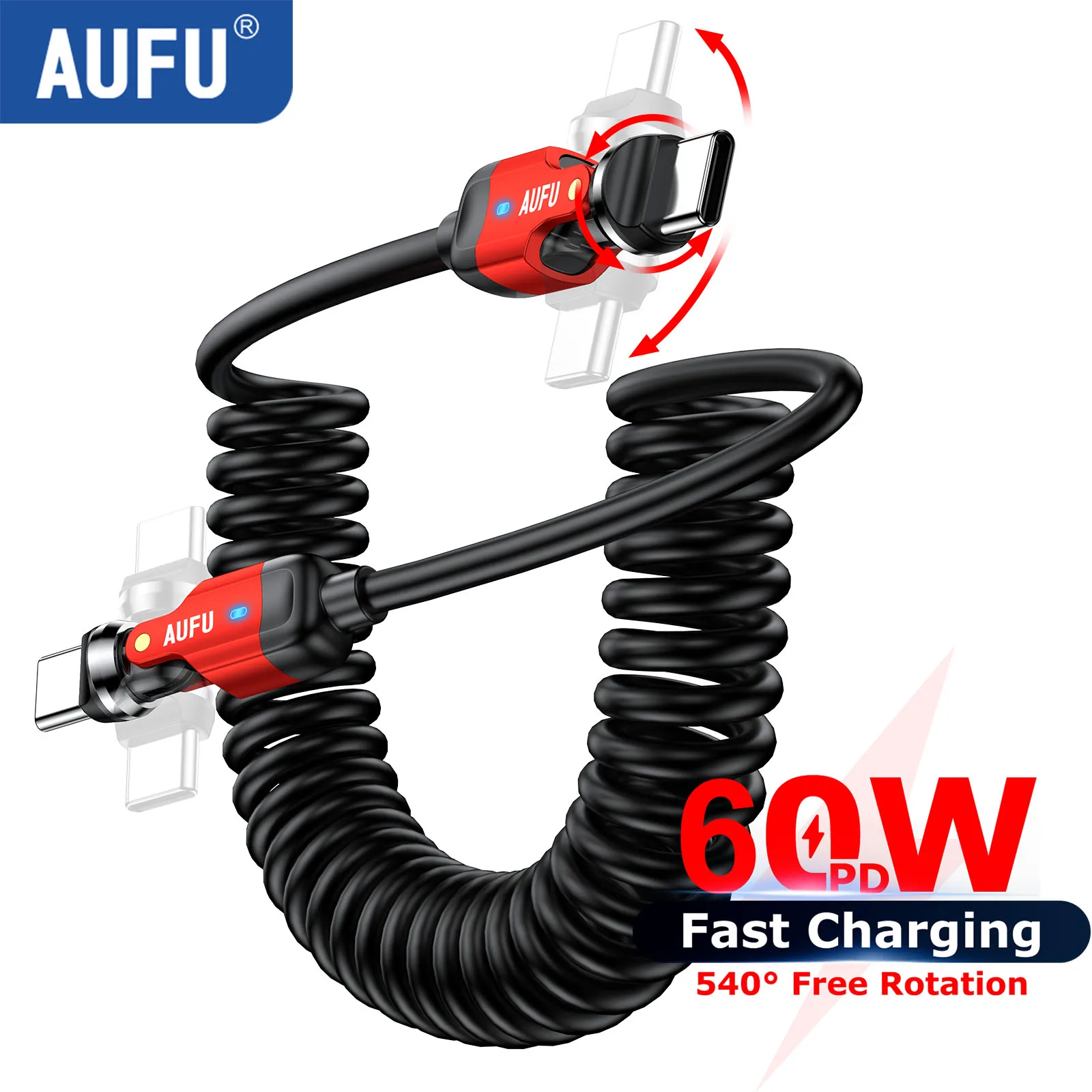 AUFU 540 ° USB-C auf Typ-C Kabel 60W Schnelllade-Spiralkabel für iPhone17 Samsung Xiaomi Aufrollbares Telefon-Autoladegerät Typ-C Kabel