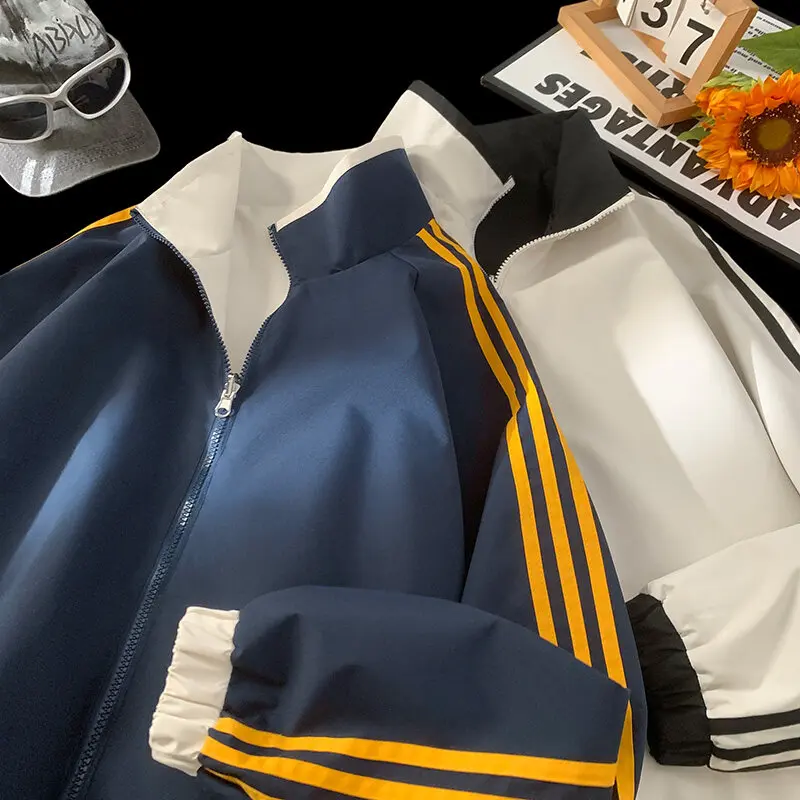 

Men's Stylish Track Jackets Stand-Up Collar Design with Striped Sleeve Detailing Jacket Trendy Male Sports Wear
