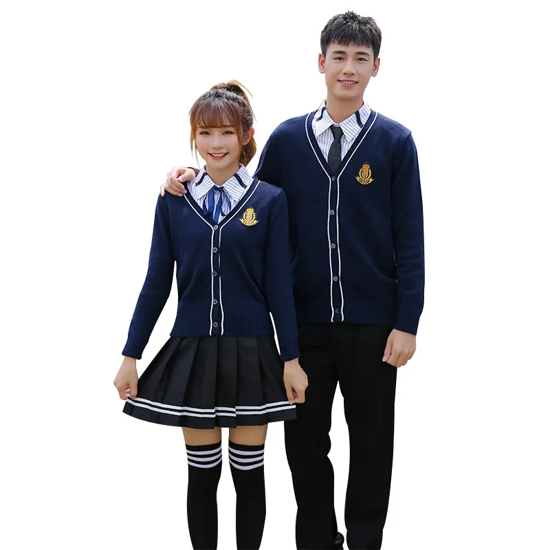 C043 Middle School Students Uniform Korean Fashion British College Style Jk Skirt Suit Cotton Knit Cardigan