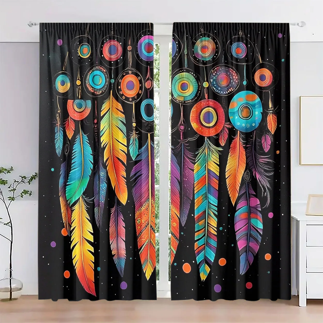 Colorful feather wind chime pattern Print Drapes Room Darkening Window Curtains Home Decor,Rod Pocket Blackout Curtains Bedroom